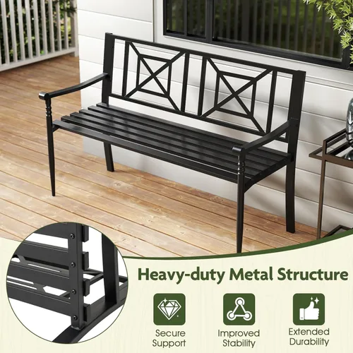Miniatura 5 de Giantex Banco de metal para exteriores con respaldo, reposabrazos curvos, almohadillas antideslizantes, asiento de listones para 2-3 personas, carga