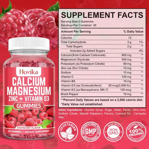 Miniatura 3 de Gomitas de calcio y magnesio y zinc con potasio vitamina C, B6, D3, K2 - Calcio para mujeres y hombres - Suplemento multivitamínico de calcio