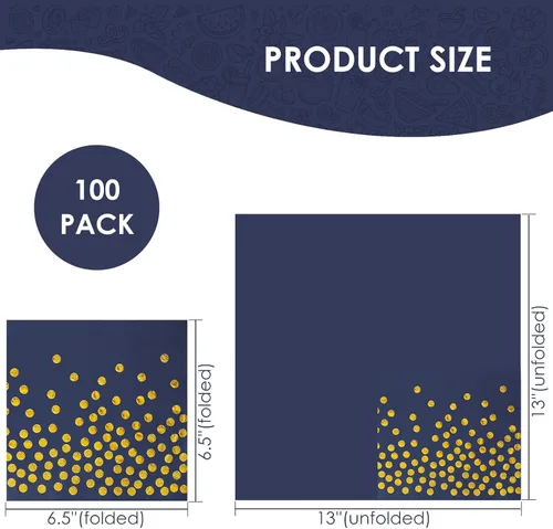 Miniatura 2 de Servilletas de fiesta azules de 13 x 13 pulgadas, servilletas de bebidas azules y doradas, 100 servilletas de papel de cóctel con puntos dorados