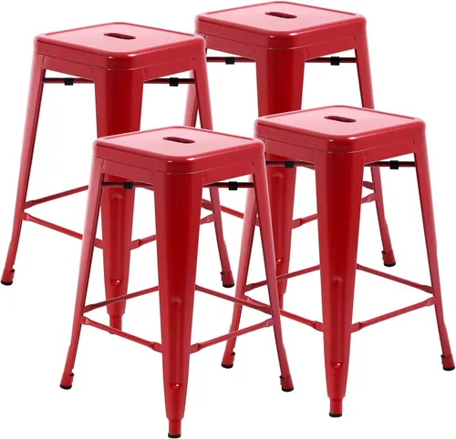Miniatura 7 de Juego de 4 taburetes de bar de metal, apilables, altura de mostrador, 24 pulgadas, para interiores y exteriores, taburete de bar sin espalda, Naranja