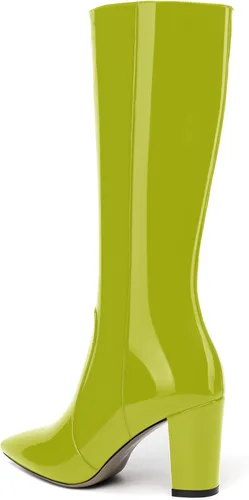 Miniatura 105 de AMBELIGHT Botas altas hasta la rodilla con cremallera y puntera puntiaguda para mujer, de patente sólida, tacón alto, 3.3 pulgadas