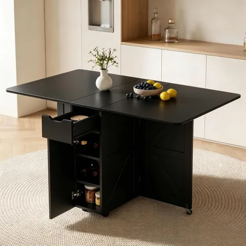 Miniatura 2 de Mesa de comedor plegable con cajón y estantes de almacenamiento, mesa de comedor plegable de 53" que ahorra espacio con 6 ruedas, mesa de hoja