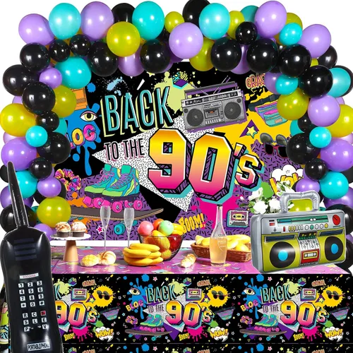 Irenare 85 piezas de decoraciones de fiesta de los años 90, suministros de cumpleaños de fiesta de los 90, incluye radio inflable Boombox y teléfono