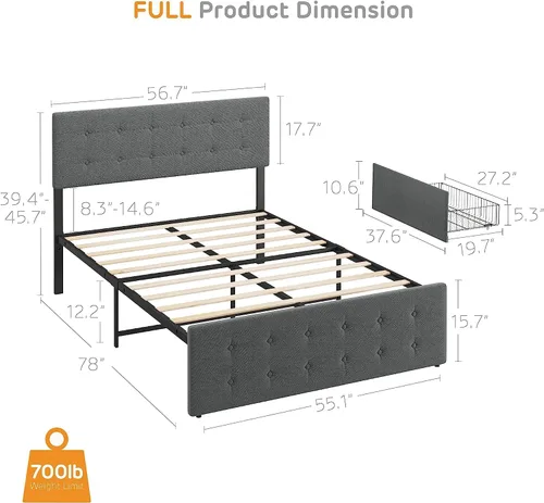 Miniatura 2 de GAOMON Base de cama de tamaño matrimonial con 4 cajones de almacenamiento y cabecero, base de colchón tapizada con plataforma completa, base