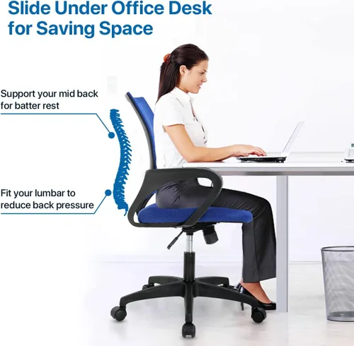 Miniatura 6 de Silla ergonómica de oficina para el hogar, silla de escritorio de malla con respaldo medio, silla de computadora con soporte lumbar, reposabrazos