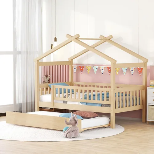 Miniatura 21 de JIVOIT Cama de plataforma de madera con dos cajones, cama de casa tamaño individual con diseño de techo, patas de pino macizo, cabecera y estribo