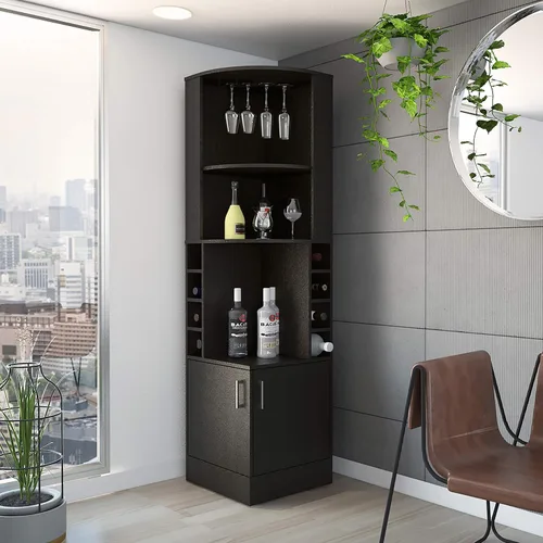 Miniatura 2 de FM FURNITURE The Seattle - Armario esquinero para bar con 3 estantes abiertos, estante de cristal, 8 cubos de botellas y puertas dobles, color negro