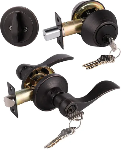 Miniatura 10 de Gobrico Keyd Alike - Manija de puerta de entrada y cerrojo de un solo cilindro en níquel satinado, palanca estilo onda con cerradura y cerrojo
