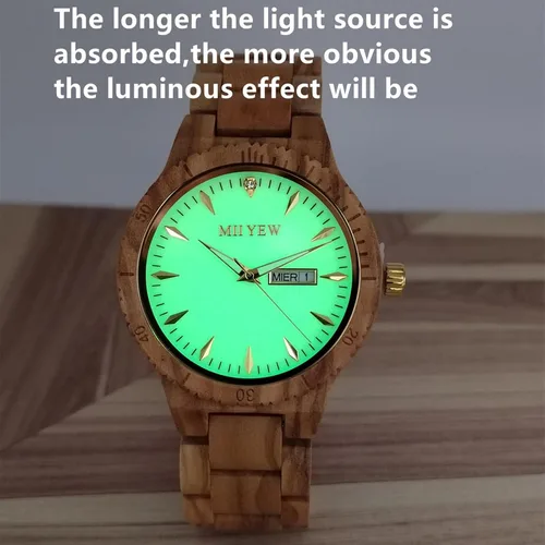 Miniatura 2 de MII YEW Reloj de madera para hombre, ligero, analógico, de cuarzo, hecho a mano, esfera verde con fecha