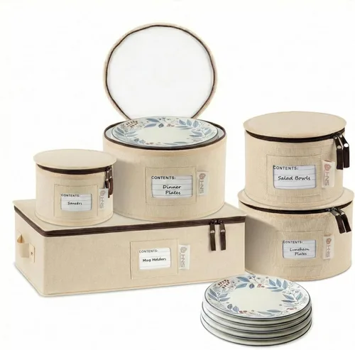 Miniatura 12 de Juego de 5 cajas de almacenamiento de China para vajilla, vasos, platos, tazas y platillos, organizador de platos resistente con divisores