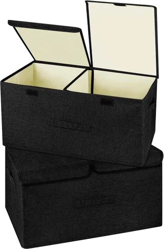 Miniatura 19 de Paquete de 2 Cajas de Almacenamiento Grandes con Tapas y Asas, Contenedores Organizadores Cestas Cubos de Almacenamiento de Lino Plegables con Crema