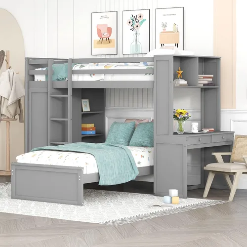 Miniatura 12 de RUNNA Litera matrimonial sobre individual con escritorio, cajones y escaleras, litera de madera maciza para niños, niñas, adolescentes y adultos