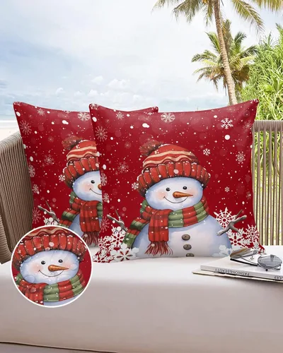 Miniatura 10 de Funda de almohada de invierno para exteriores, impermeables, paquete de 2 fundas de cojín con diseño de copos de nieve en acuarela de Navidad