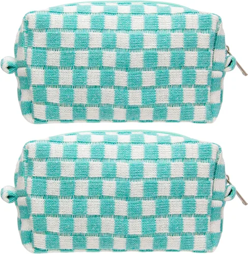 Miniatura 42 de PAZIMIIK Bolsa de Maquillaje a Cuadros para Bolso Portátil con Cremallera, Estuche Pequeño de Cosméticos para Accesorios de Viaje, Azul Ártico