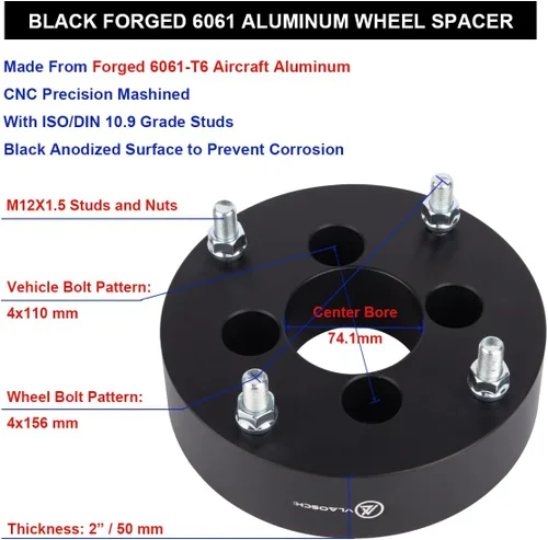 Miniatura 6 de Adaptadores de Rueda ATV Forjados Negros de 4x110 a 4x156 de 2 Pulgadas con Espárragos de 12x1.5 Compatibles con Honda-Suzuki-Yamaha-Kawasaki 4
