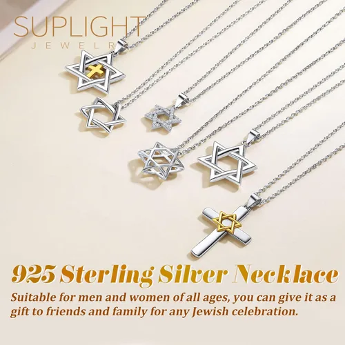 Miniatura 6 de Suplight Collar de plata de ley 925 con estrella judía de David, acero inoxidable, chapado en oro, mano islámica de corazón de Fátima, collares