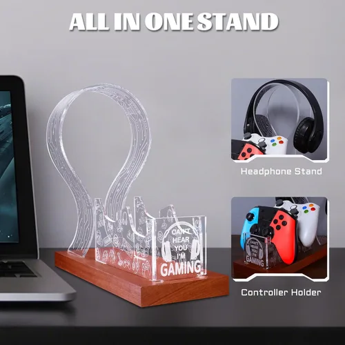 Miniatura 6 de YuanDian Gamer Gifts for Teenage Boy, Can't Hear You I'm Gaming Headset and Controller Stand, Acrylic Wooden Controller Holder with Blue Pink LED