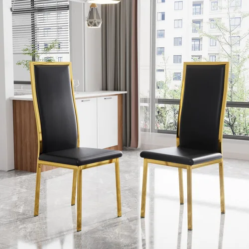 Miniatura 8 de Juego de 4 sillas de comedor modernas, de piel sintética blanca con patas de metal cromado dorado, diseño de respaldo alto curvo y acolchado