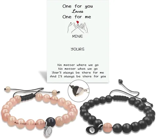Miniatura 20 de 2 pulseras magnéticas para parejas, piedra natural negra mate, cristal para votos de amor eterno, juego de pulseras de cuentas de piedra de energía