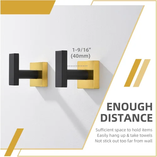 Miniatura 5 de Angle Simple Paquete de 2 ganchos para toallas de baño, soporte para bata de baño de acero inoxidable SUS 304 montado en la pared, negro y dorado