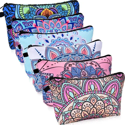 6 piezas bolsa de maquillaje bolsa de aseo impermeable, bolsa de cosméticos con dibujos de flores, mandalas, patrones de flores, llamas, unicornios,