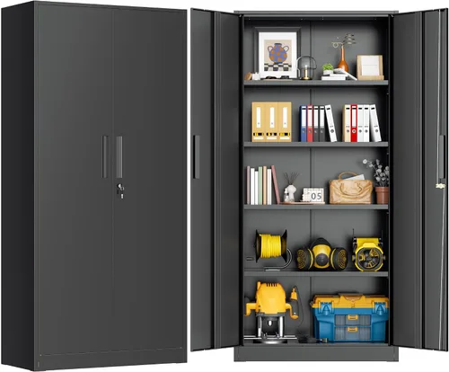 Greenvelly Armario de almacenamiento de metal de 72 pulgadas de alto con 2 puertas y 4 estantes ajustables, gabinete de metal negro con cerradura,