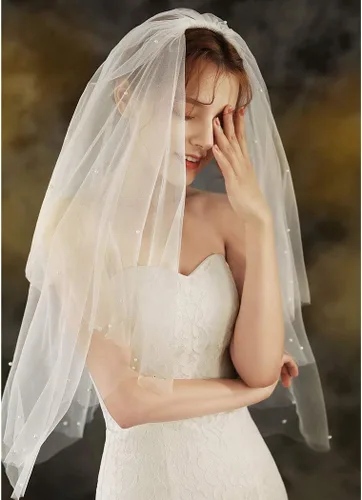 Miniatura 2 de Velo de novia de perlas con peine de 2 niveles cortos hasta la cadera, velos de novia de tul suave, accesorios para el cabello para novias (marfil)