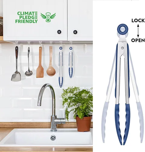 Miniatura 5 de HOTEC Pinzas de cocina premium de acero inoxidable con bloqueo y puntas de silicona, juego de 2-9" y 12", azul clásico Paquete de 2: azul clásico