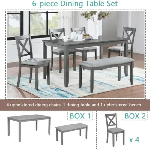 Miniatura 3 de Juego de mesa de comedor de 6 piezas para 4-6 personas, juego de cocina con 4 sillas tapizadas y un banco, sillas de sala de estar con respaldo