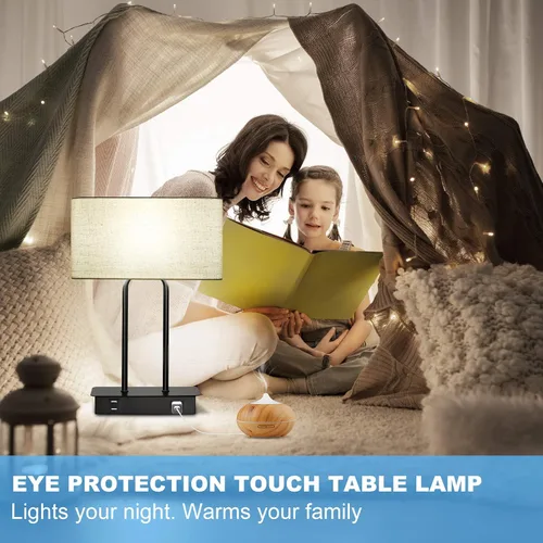 Miniatura 9 de Lámpara de mesa con control táctil y puertos de carga USB duales, 1 salida de CA, lámpara de mesita de noche moderna regulable de 3 vías con Crema