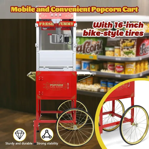 Miniatura 4 de Máquina de palomitas de maíz vintage con carrito, carrito de palomitas de maíz de 20 onzas, máquina de palomitas de maíz con gabinete de Rojo