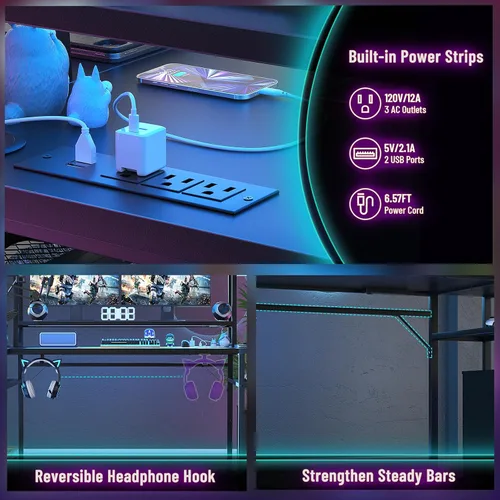 Miniatura 6 de armocity Escritorio para juegos en forma de L con gabinete y estantes, tiras de alimentación de luces LED de computadora de 47 pulgadas