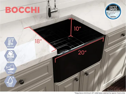 Miniatura 2 de BOCCHI Classico Farmhouse Fregadero de cocina de arcilla refractaria con frente de delantal de 20 pulgadas, un solo tazón, con rejilla protectora