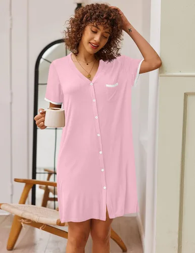 Miniatura 2 de Ekouaer Camisones para mujer, pijamas con botones, manga corta, cuello en V, ropa de dormir S-3XL