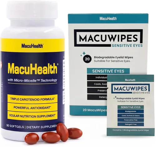 Macuhealth Vitaminas oculares de triple carotenoide para adultos con luteína, zeaxantina y meso-zeaxantina (suministro para 3 meses) y MacuWipes