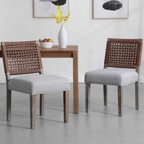 Miniatura 12 de chairus Juego de 2 sillas de comedor tapizadas, sillas de comedor costeras bohemias con respaldo de cuerda tejida de nogal marrón, patas de madera