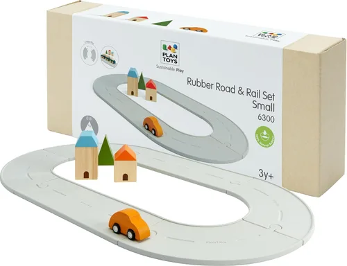 PlanToys® Juego de camino y riel de goma, pequeño juego Montessori de madera | Imaginación, resolución de problemas y exploración de movimiento
