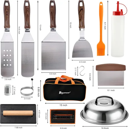 Miniatura 2 de ROMANTICIST Juego de 29 accesorios para plancha – Juego de espátula de teppanyaki con raspador, cubierta de hilvanado para chef de campamento