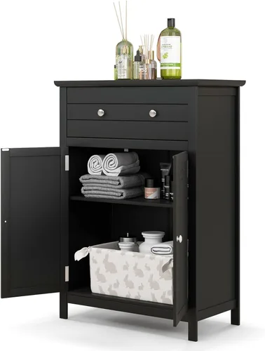 GOFLAME Gabinete de almacenamiento de madera para baño, moderno armario organizador de baño con estante ajustable de 3 alturas, cajón y estante de 2