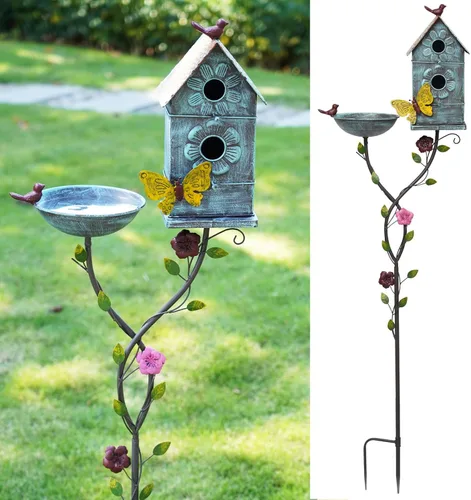 Miniatura 7 de Baños de pájaros colgantes de metal para exteriores, comedero de pájaros al aire libre, patio trasero, decoración de patio de jardín (dorado)