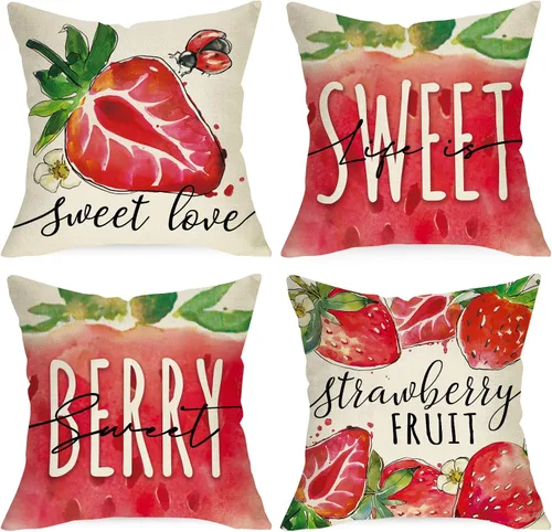 Juego de 4 fundas de almohada decorativas de primavera y verano de fresa de 16 x 16 pulgadas, decoración de fundas de cojín de fruta roja dulce de