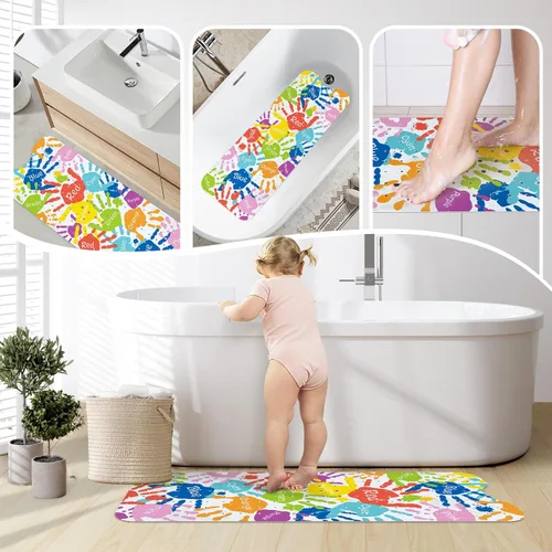 Miniatura 8 de SHUCHING Alfombra de baño para bebé con huellas de manos para bañera antideslizante de 40 x 16 pulgadas, tapete de baño para niños pequeños, tapete