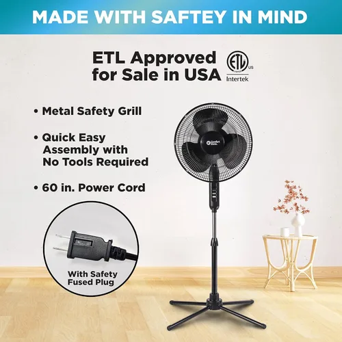 Miniatura 3 de Comfort Zone CZST161BTEBK Ventilador de pie oscilante de 16 pulgadas, opciones de 3 velocidades, cabezal oscilante de 90 grados, altura y Negro