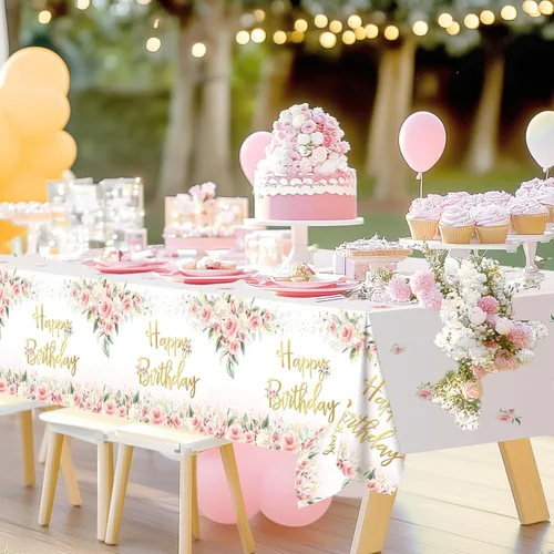 Miniatura 4 de Avezano 3 piezas de decoración de fiesta de oro rosa, manteles florales de feliz cumpleaños para niñas y mujeres, suministros de fiesta