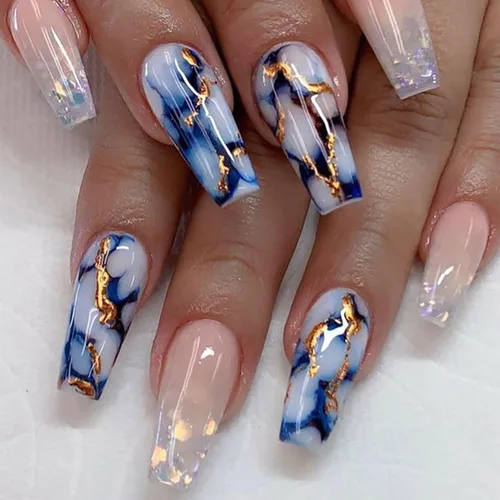 Miniatura 10 de 24 uñas postizas cuadradas de color negro brillante, de cobertura completa, con diseños de notas musicales, uñas postizas acrílicas con pegamento
