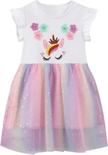 Vestido de tul de verano para niña pequeña, lindo patrón de dibujos animados, vestido de algodón con lentejuelas a rayas para uso diario para bebé