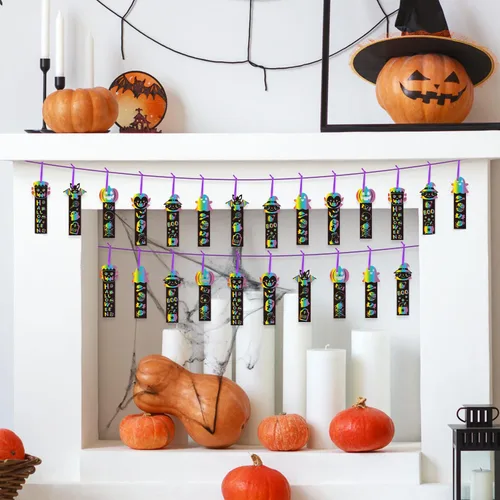 Miniatura 4 de BeYumi Juego de 60 marcapáginas de rascar de Halloween para niños, bricolaje, calabaza, murciélago, bruja, Frankenstein, espeluznante, vampiro