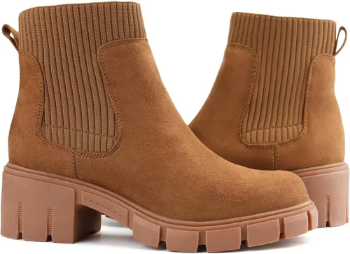 Miniatura 3 de JABASIC Botas de tobillo gruesas para mujer, botas Chelsea elásticas