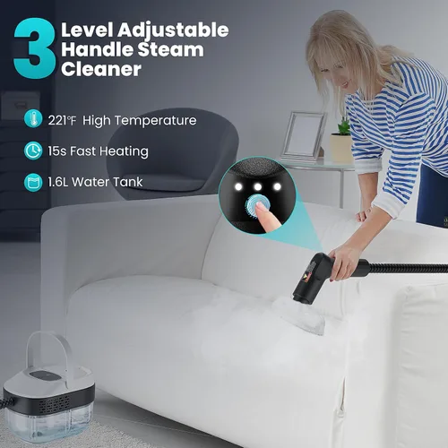 Miniatura 3 de Limpiador de vapor de mano para el hogar, vapor de alta presión de 2500 W, calentamiento rápido de 15 segundos, tanque de 1.6 L, limpiador de vapor