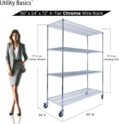 Miniatura 2 de NSF - Estantería comercial de alambre de 4 niveles con ruedas, estantes de metal resistente de 60 x 24 x 72 pulgadas, capacidad máxima de 3200 Negro